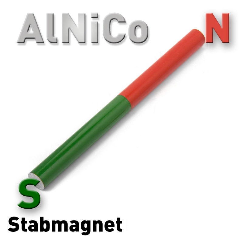 AlNiCo Stabmagnet rund Ø10 x 200 mm rot-grün lackiert, AlNiCo-Magnete sind hoch erhitzbar, kräftig und spröde, Magnetstab Schulmagnet 150 x 10 mm (AlNiCo), Alnico Magnete, AlNiCo-Stabmagnet mit rot/grün gekennzeichneten Polen, Stabmagnet rund, Ø 10 x 150 mm, AlNiCo rot/grün lackiert, Rundstabmagnet, 100 x 10 mm, aus AlNiCo, je zu Hälfte rot und grün lackiert, Stabmagnete / Magnetstäbe aus Alnico rot/grün.